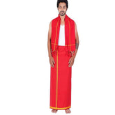 Men's Cotton Blend Dhoti with Bentex Border & Angavastram | Traditional Single Layer South Indian Vesti Mundu Set | Ethnic Wear for Weddings, Poojas & Festivals
